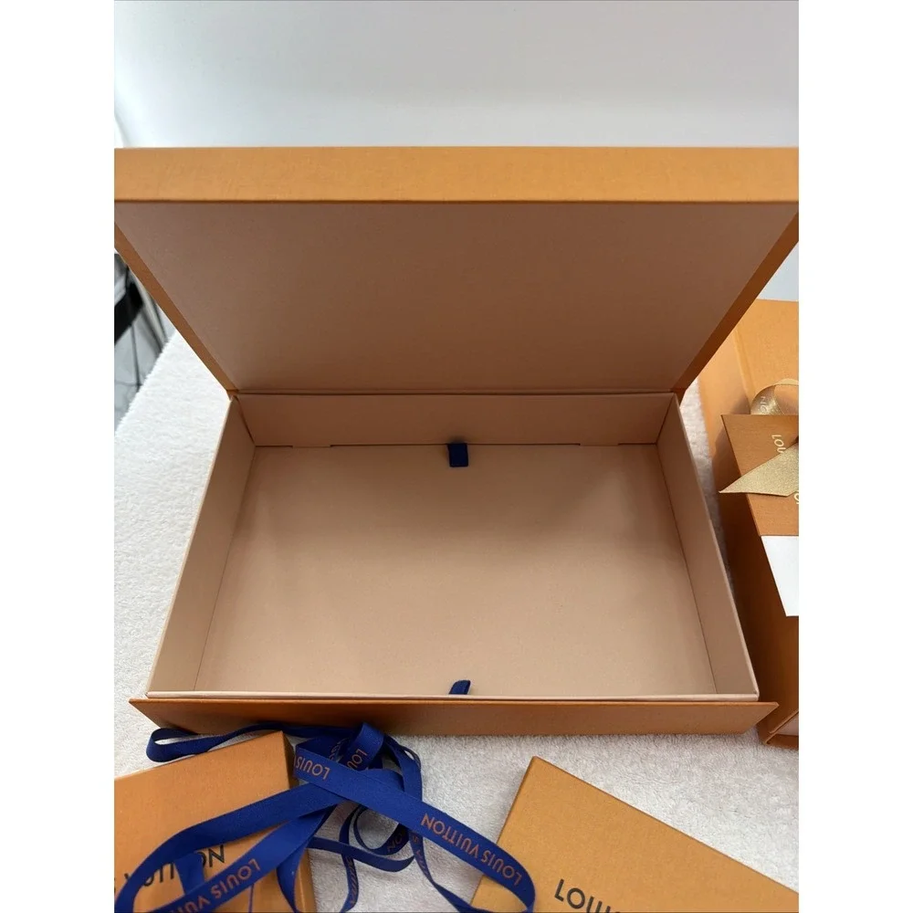 Empty Louis Vuitton Orange Gift Box Set of 4 w/ Blue Ribbon, Rectangle Cardboard